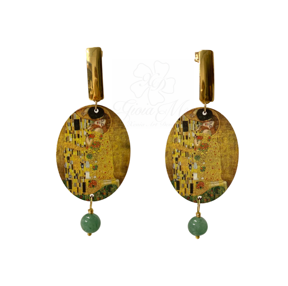 Orecchini artigianali in ottone agata verde con Il bacio di Klimt