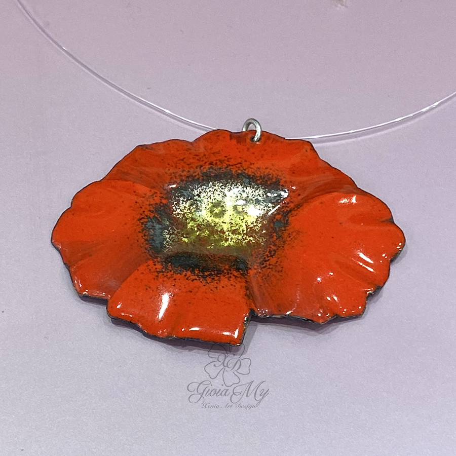 collana con fiore papavero rosso smaltato in argento 925