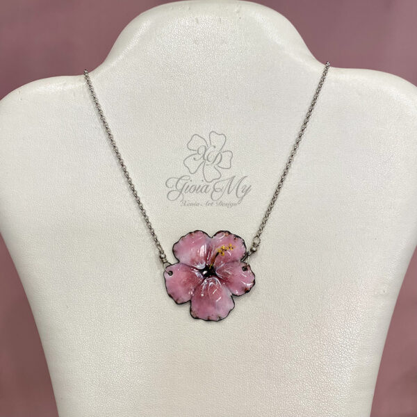 ciondolo piccolo fiore ibisco rosa in argento 925
