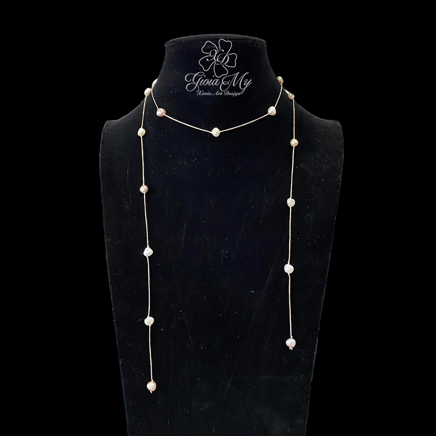 lunga collana artigianale con perle naturali e cordino