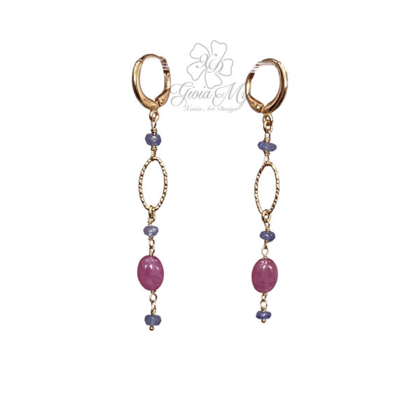 orecchini con rubino e tanzanite pendenti in argento placcato oro rosa