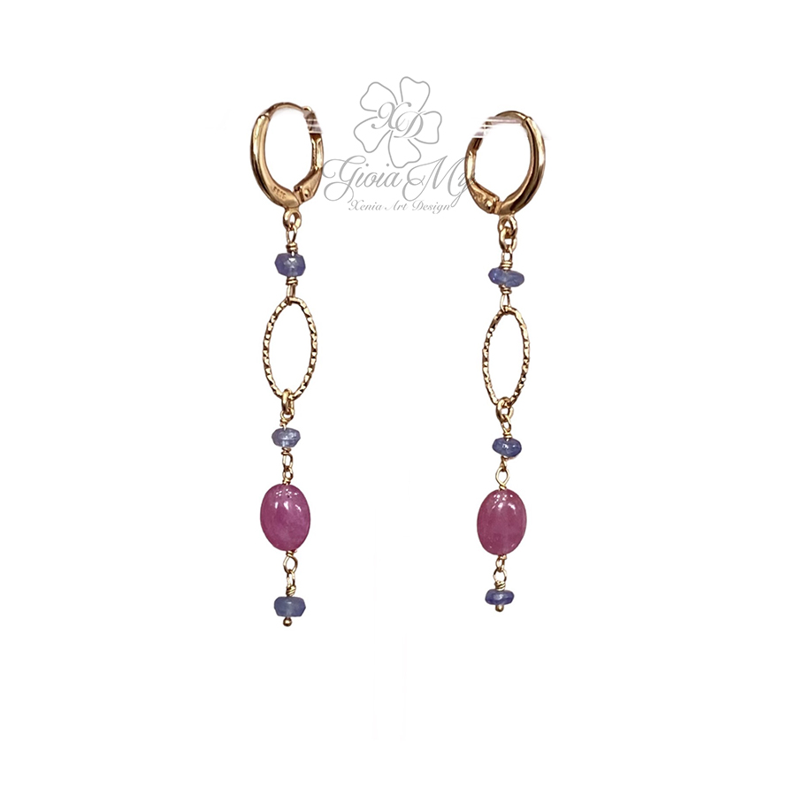 orecchini con rubino e tanzanite pendenti in argento placcato oro rosa
