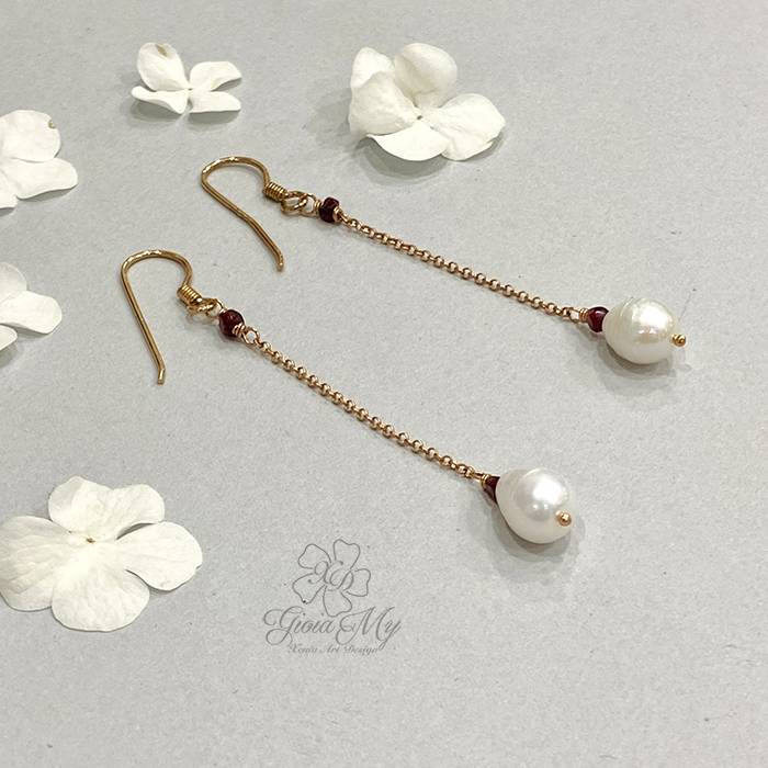 Orecchini perle naturali in argento oro rosa e granato