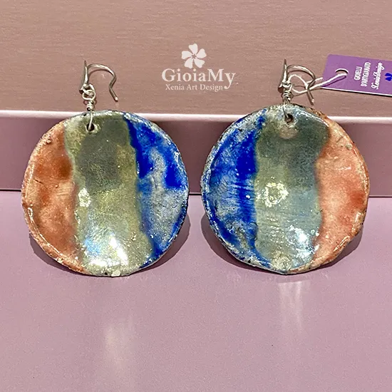 Orecchini Raku tondi vistosi blu oro rossi