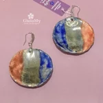 Orecchini tre colori tondi vistosi in Raku blu oro rossi in argento 925