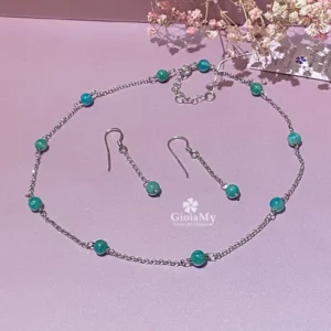 Parure di gioielli girocollo e orecchini sottili con amazzonite in argento 925